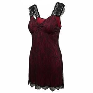 Red Black Lace Dress Indie Rave Fairy Whimsygoth Sleeveless Sz XL Sexy Slip Midi